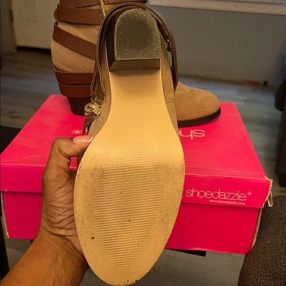 Shoe Dazzle Sand Suede Boots with Brown Straps - Picture 5 of 5